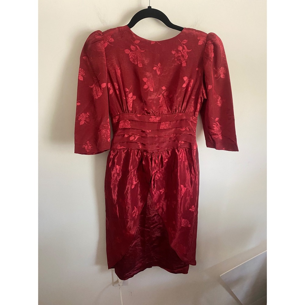 Vintage Red Floral Rose Jacquard Puff Sleeve Tulip‎ Skirt Cocktail Dress 80s